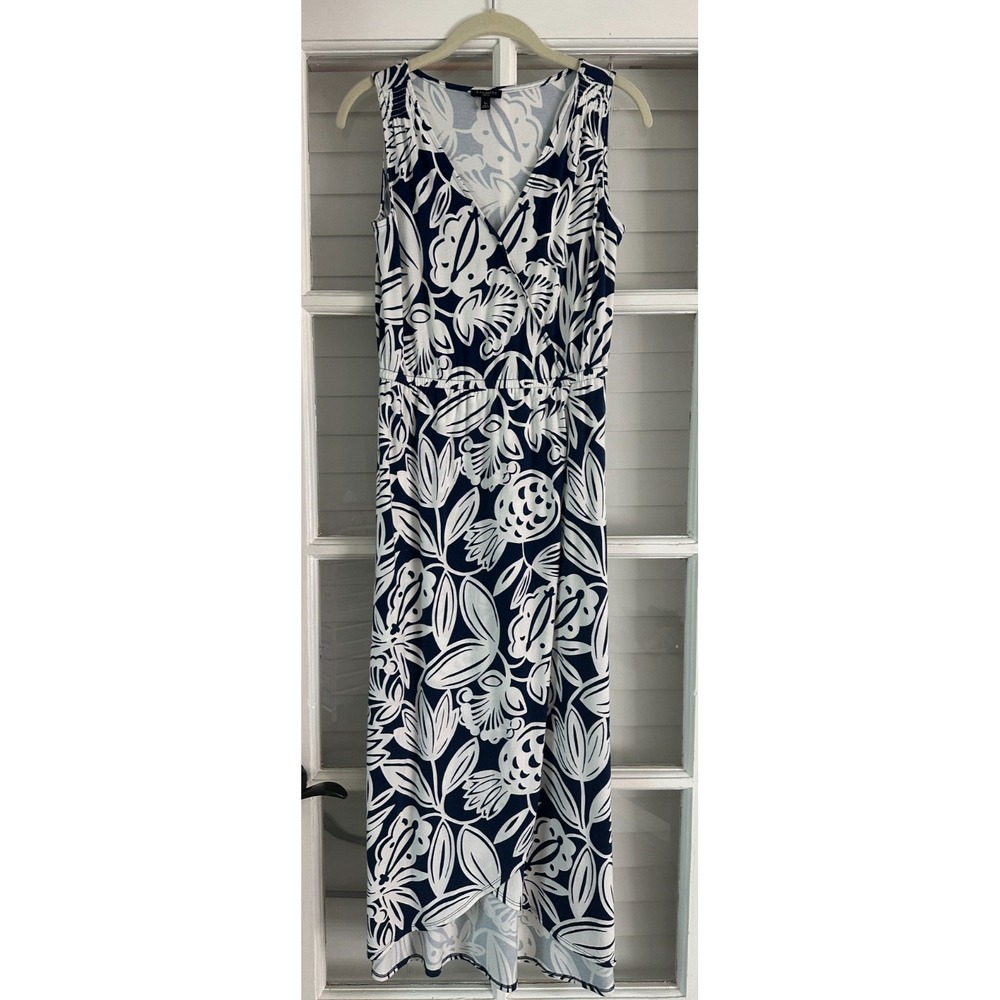 Talbots Size SP Maxi Dress, Navy & White Tropical Floral, Sleeveless Pineapple